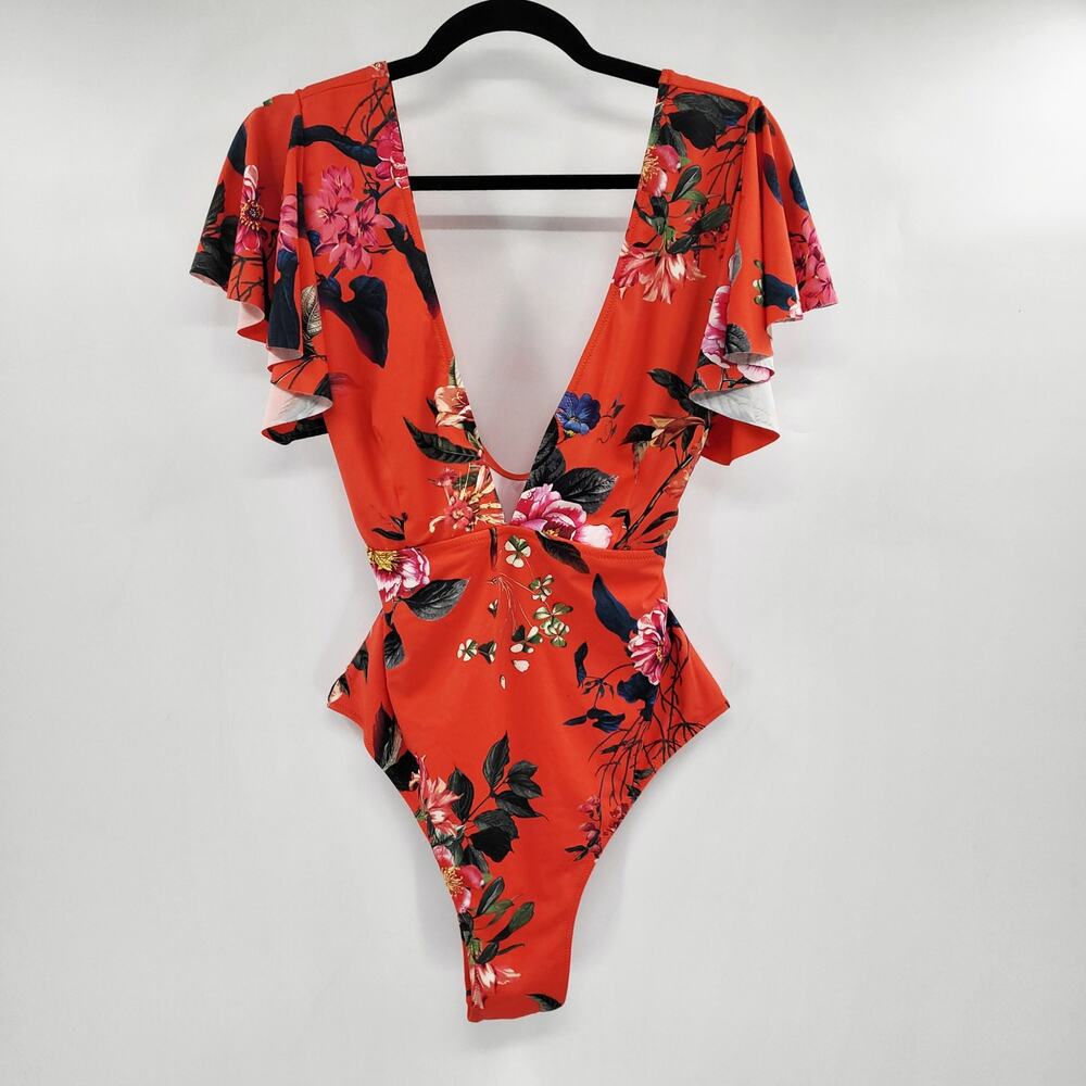 Fashion Nova Villa Drinks Ruffle Orange Floral Print Swimsuit Women's Size 1X